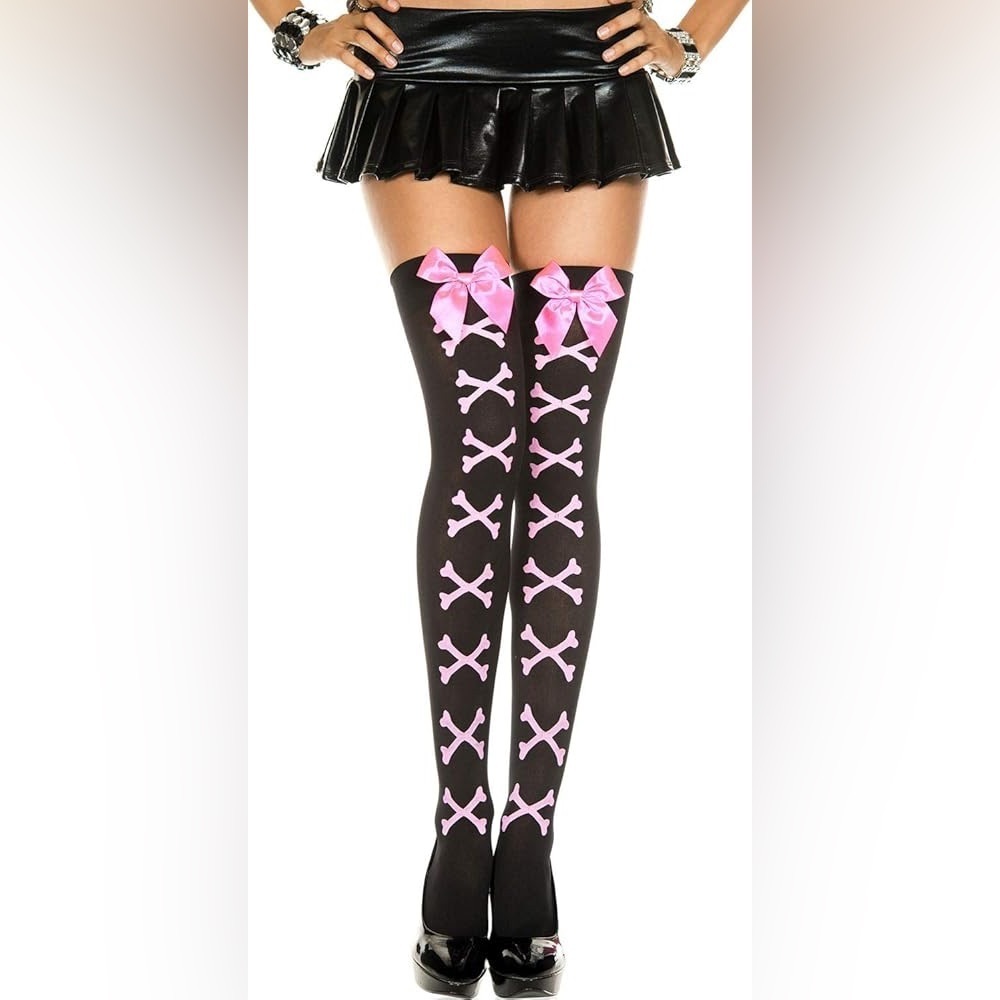 Hot Topic Y2K black tights with pink bow and crossbones